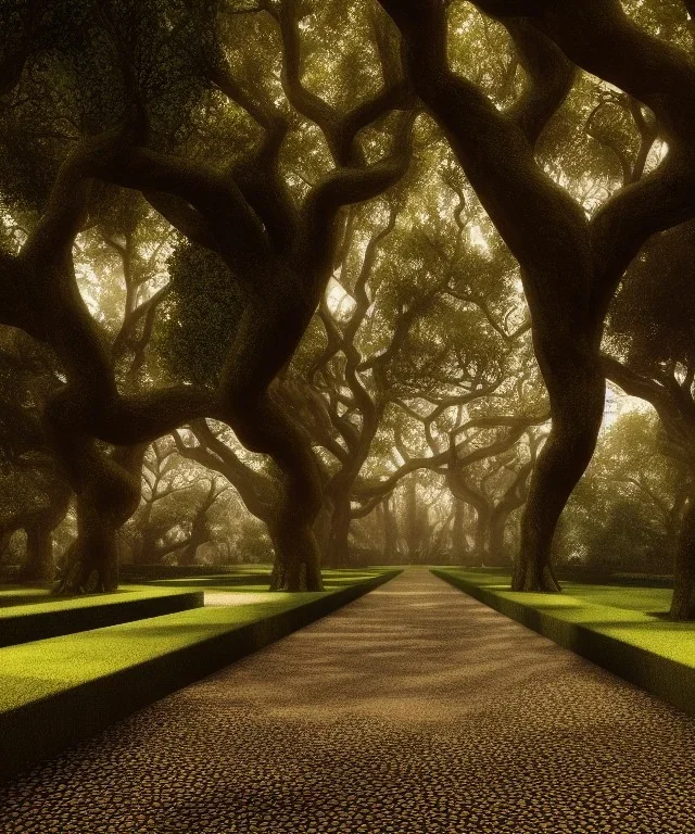 long promenade in a grand garden with ancient trees lining a cobblestone path, perfect composition, beautiful detailed intricate insanely detailed octane render trending on artstation, 8 k artistic photography, photorealistic concept art, soft natural volumetric cinematic perfect light, chiaroscuro, award - winning photograph, masterpiece, oil on canvas, raphael, caravaggio, Angkor