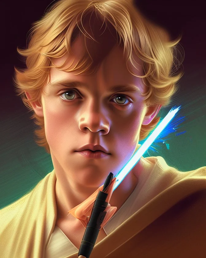 Portrait of young Luke Skywalker holding a pencil by Alex Ross, Disney, CGSociety, Carne Griffiths, Leonardo DaVinci, James Christensen character design, digital illustration, detailed sky background, Norman Rockwell, 8k resolution, Lou Xaz, cinema 4d