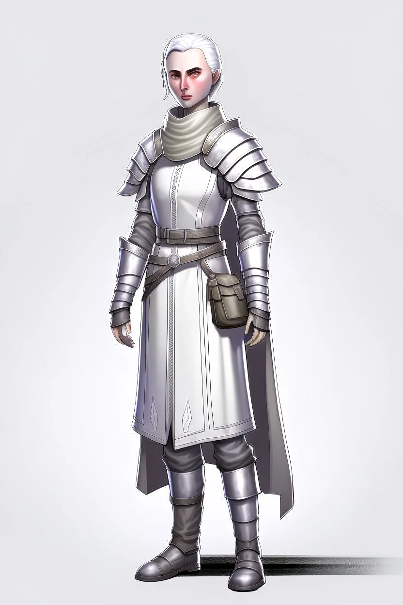 full length, tall, gangly, 22-year old, short haired, nordic looking grey-eyed female human cleric wearing scale mail