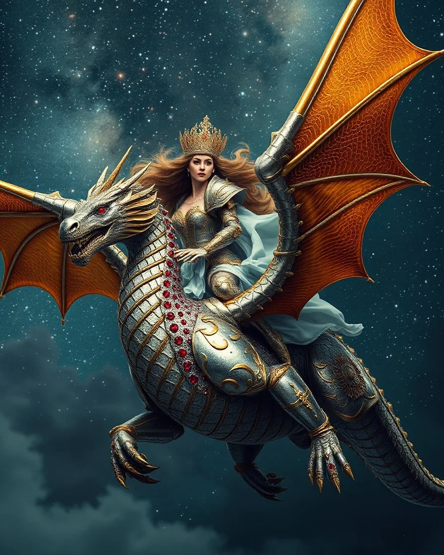 Imagination from a far Photography Fantasy Art HD all image of the Beautiful Queen, riding a dragon flying in the sky, wearing a luxurious armor design, made of silver and gold metal plates, metal crafts with shining diamond luster, on the outer surface of the luxurious decoration of very small diamond stones, red diamond stones, Milky Way galaxy background