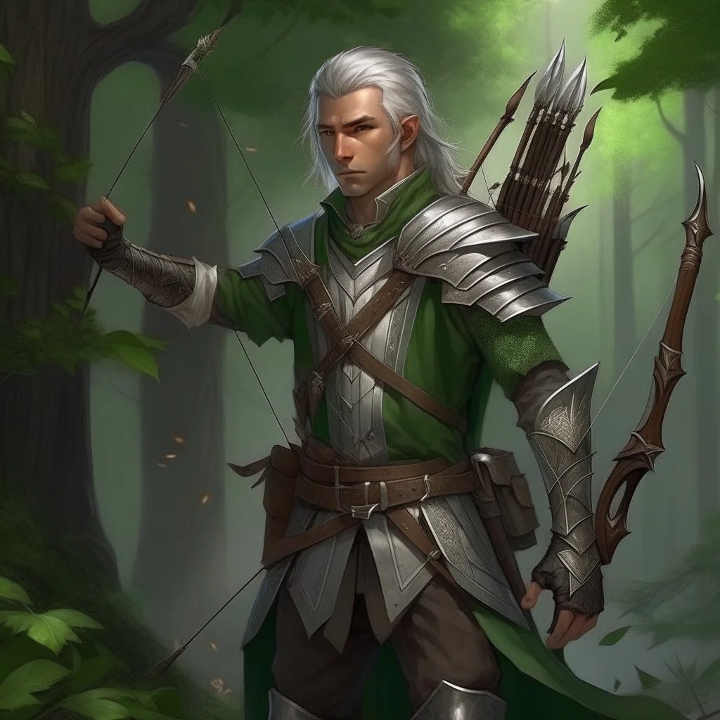 Please create an image for a young elven male with light brown skin, silver hair, and green eyes. He is standing outside in the forest during springtime, wearing leather armor and wielding a large crossbow. He is accompanied by a small mechanical bird and a walking suit of armor