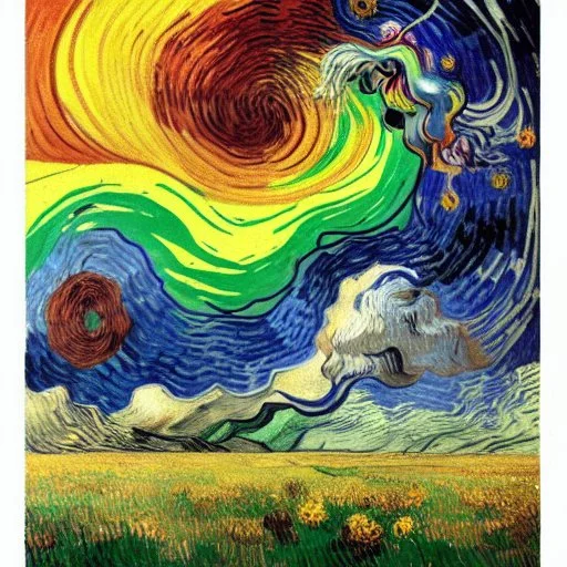 collaboration between Salvador Dali, Vincent Van Gogh, and Jean Baptiste Monge. Swirling rainbow storm clouds over a vast field of long grass and plentiful flowers swaying in the winds.