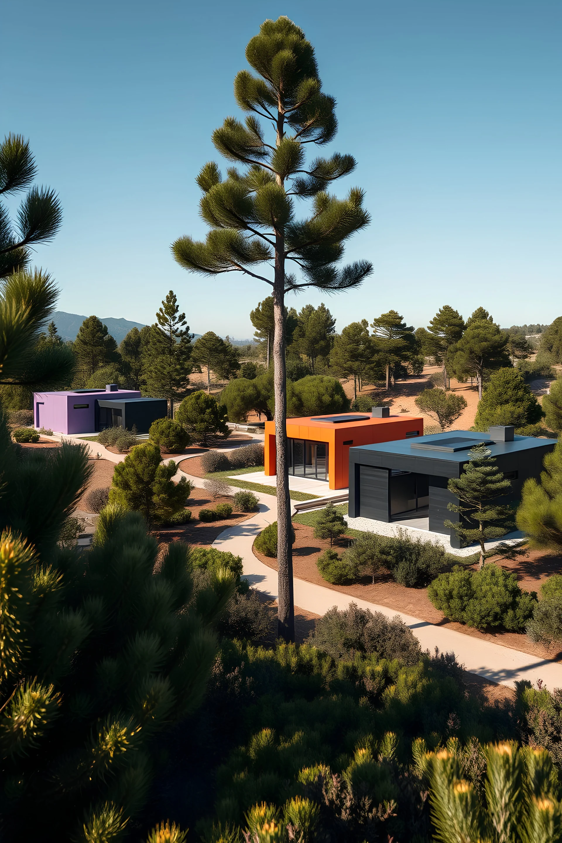 A futuristic high-tech village in Spain with only 3 single-story flat-roofed houses and lots of pine trees. Competitive development project in the style of the architectural firm Foster and Partners. One house is purple, one is orange and one is black. Midday, dark botanical, lush decorative vegetation. Telephoto lens. Photorealistic