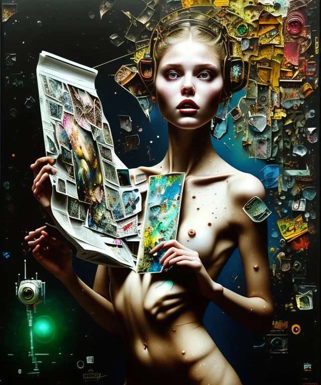 happy beautiful girl holding big proffesional camera in studio. street art, oil on canvas, spray paint, collage, letters, newspapeers, Dave McKean, Vladimir Fedotko, Saturno Butto, Vaughn Bodé, Frank Wu, James C. Christensen, collage, dirty, paint dripping, radiant