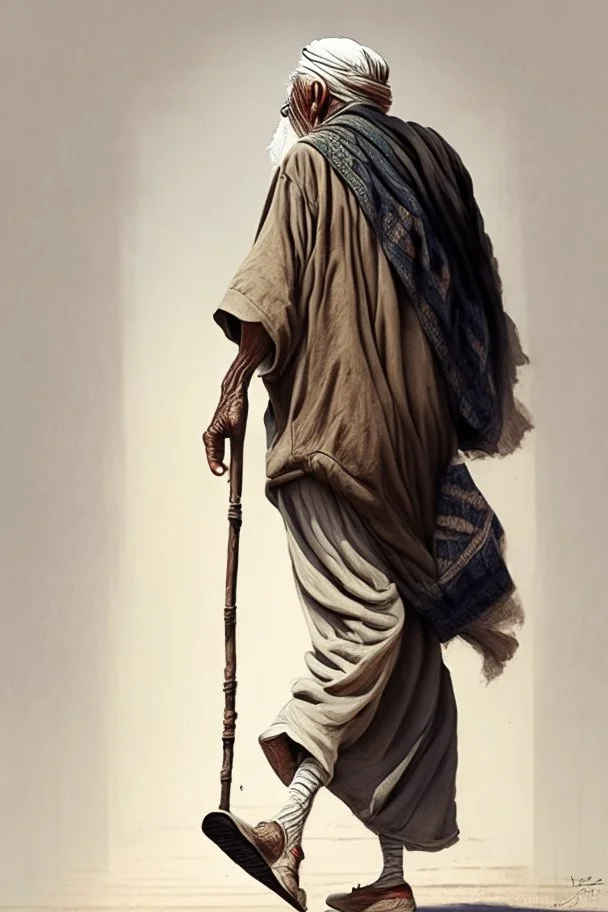 An old man wearing an Arabic keffiyeh, his back bent, walking barefoot, holding his cane upside down, looking back and holding his shoe in his hand.