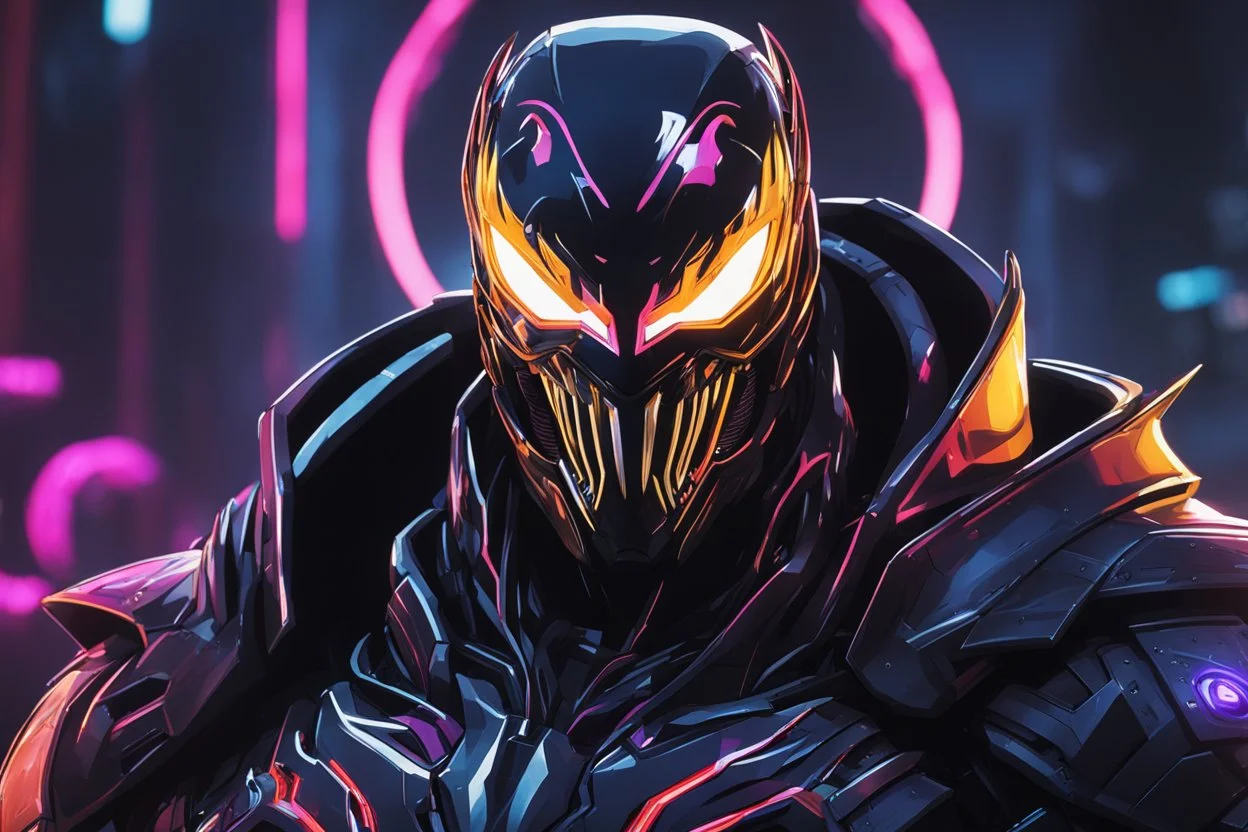 Venom Shredder machine in 8k solo leveling shadow artstyle, sombra them, close picture, rain, Shredder helmet, neon lights, intricate details, highly detailed, high details, detailed portrait, masterpiece,ultra detailed, ultra quality