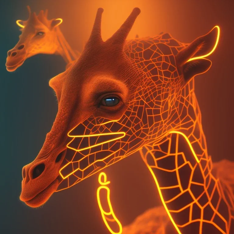 A beautiful portrait of a cyborg giraffe orange neon color scheme, high key lighting, volumetric light high details psychedelic background