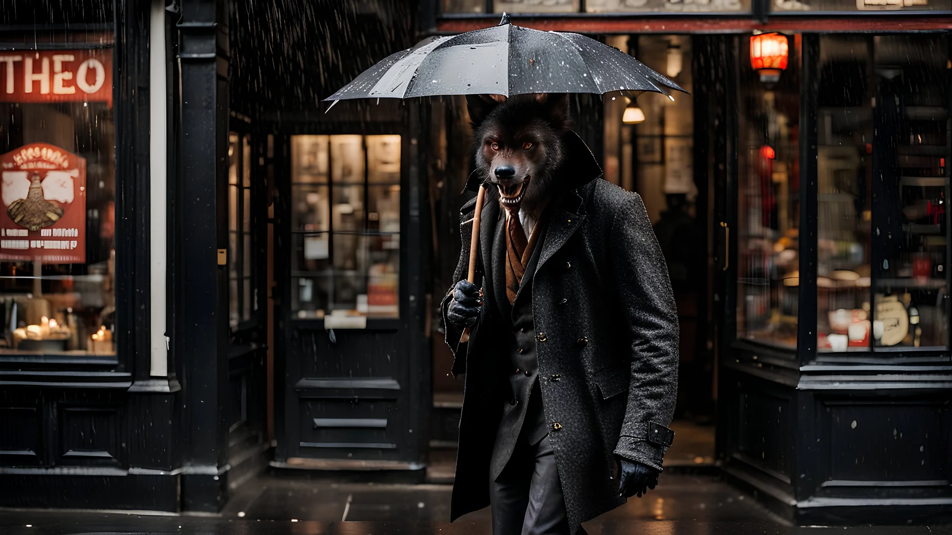 Werewolf with a Chinese menu in his hand, walking through the streets of Soho in the rain. Photograph.