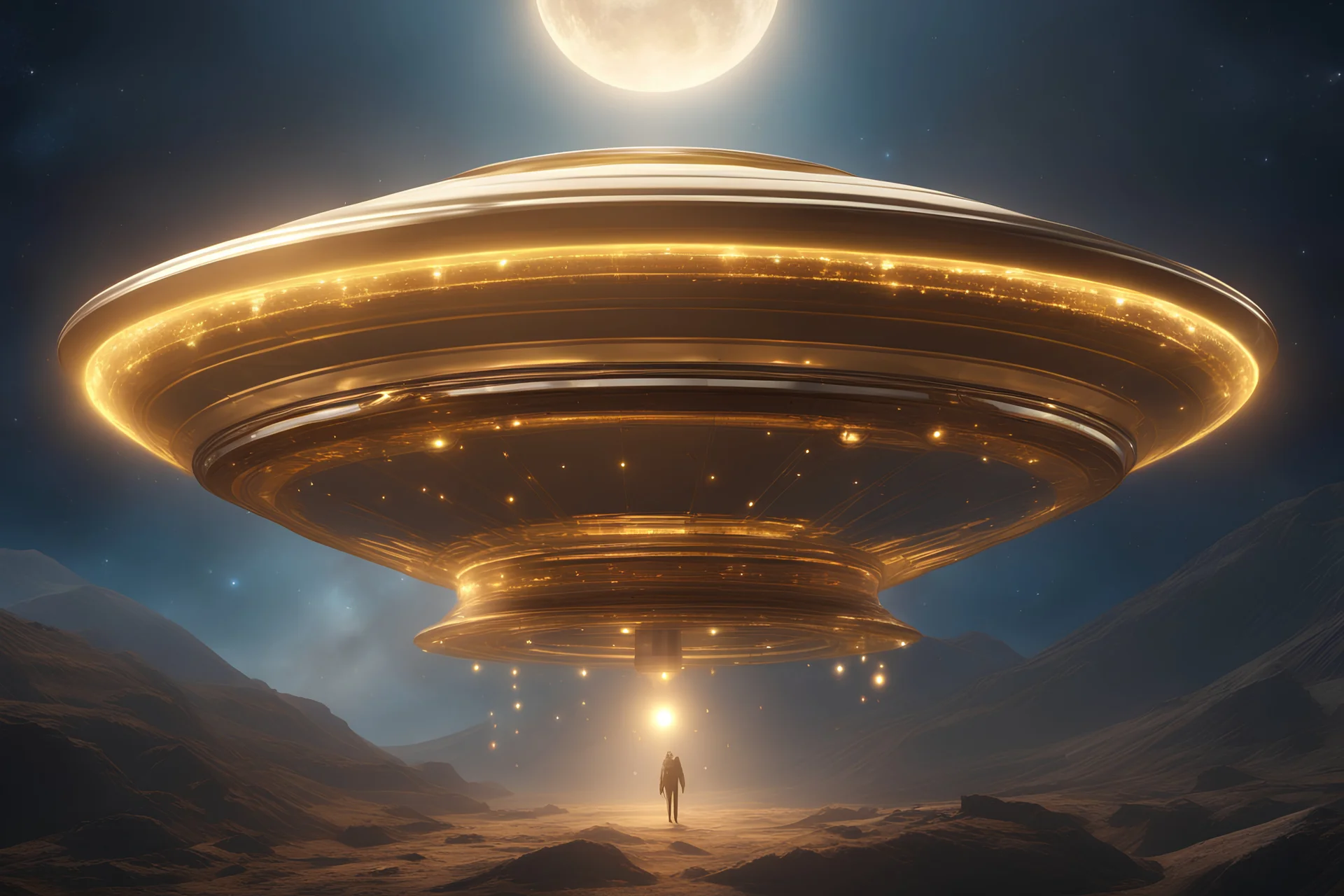 golden flying saucer traveling in the galaxy, transparent, crystal with lights, starry sky, beautiful extraterrestrial being, finely tuned detail, ultra high definition, 8 k, unreal engine 5, ultra sharp focus