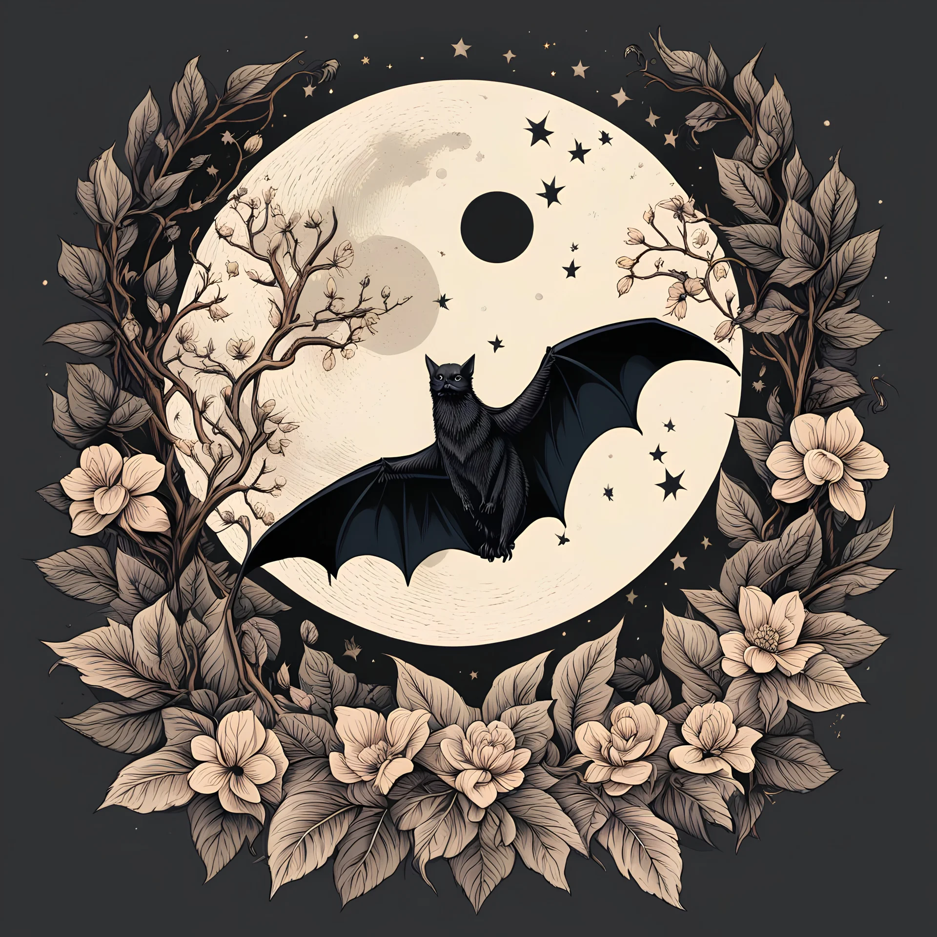 Best quality, masterpiece, ultra high res, detailed, illustration, design, flat vector style, high resolution, illustraTed, shadows and light, aesthetic, modern, ambient lighting, flat colors, vector illustration, bat, moon, leaves, stars, flowers, sailor jerry tattoo, old school tattoo