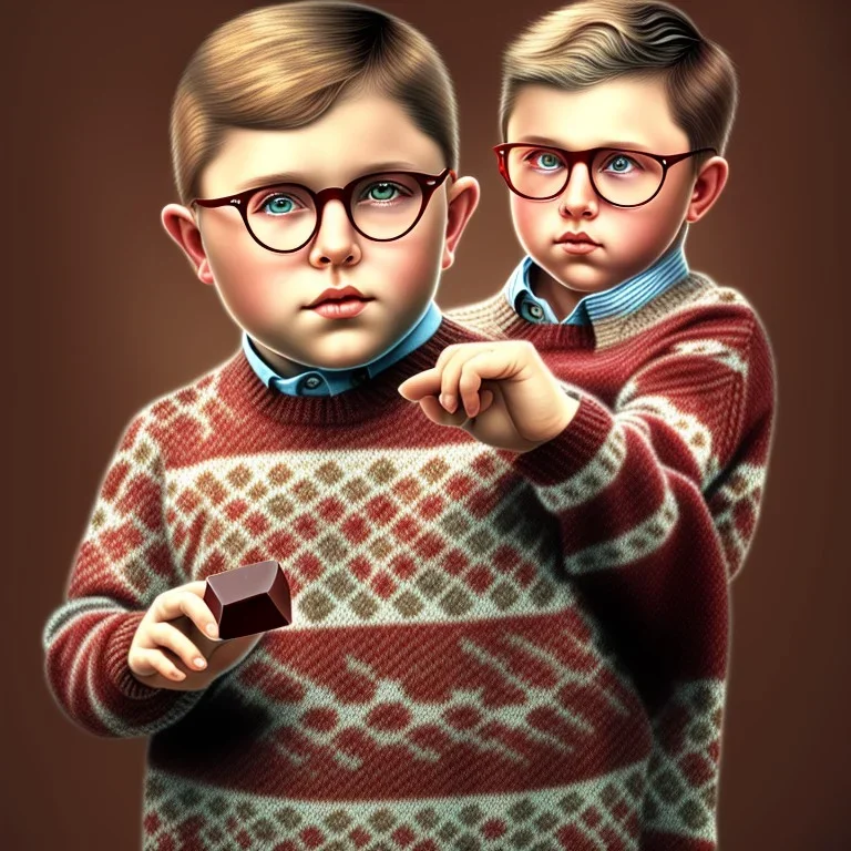 one peter billingsley chubby kid with glasses, gripping a single Dark red soap bar, ((brown))argyle sweater