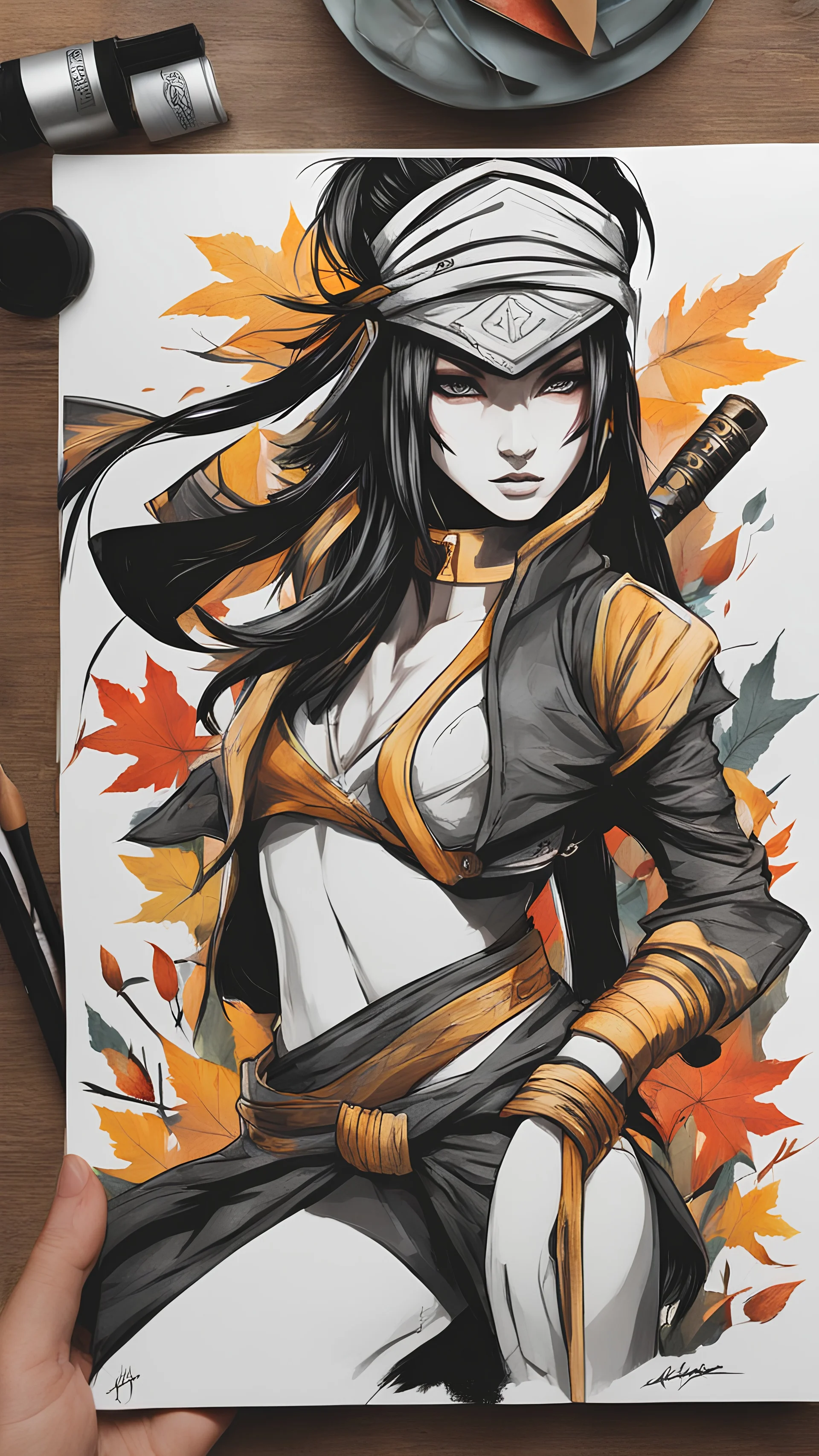 bits of color, furistic Sketch book, hand drawn, dark, gritty, realistic sketch, Rough sketch, mix of bold dark lines and loose lines, bold lines, on paper, akali, ninja girl, league of legends, eyes mask, leaves, animals, runes, dark theme,