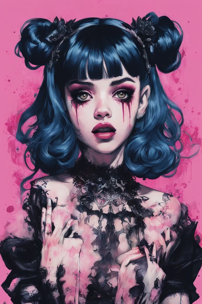 Poster in two gradually, a one side malevolent goth vampire girl face and other side the Singer Melanie Martinez face, full body, painting by Yoji Shinkawa, darkblue and pink tones,