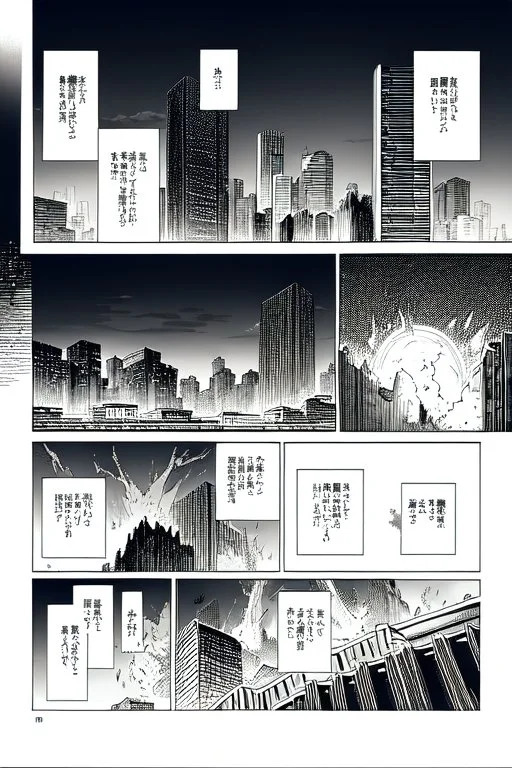 city explosions, manga page, greyscale