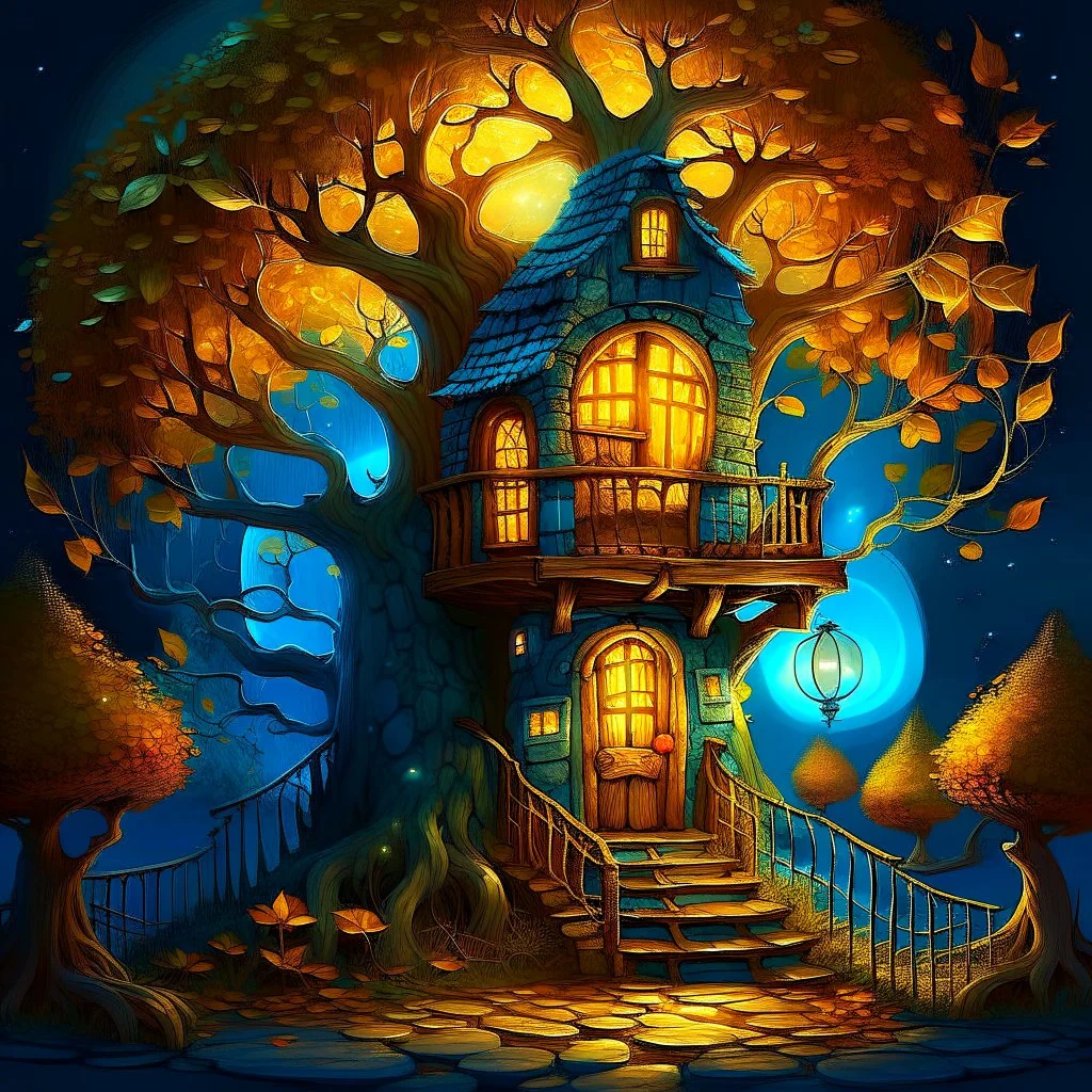 a whimsical, tree-house style dwelling nestled within the twisting branches of a large, autumn-hued tree. The curved stone structure has warm, glowing windows and a blue door, giving it an inviting, cozy appearance against the deep teal night sky. The golden leaves filter the moonlight, creating an enchanting, storybook atmosphere.