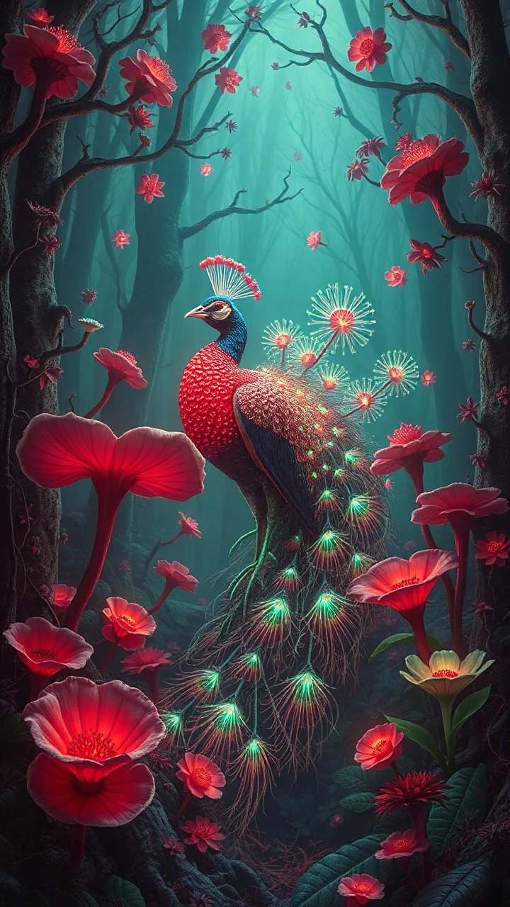 Quintessential Horror Surrealism:A cyber-a peacock catastrophic dimensional fission through Seedream 3D recursive rendering, fracturing into chaos Legion Doodle simultaneous nightmare realities while simultaneously occupying four perforated reality levels—manifests as a blood-drenched forest where flowers weep crimson sap and bioluminescent fungi pulse with recursive Fibonacci patterns, surrounded by carnivorous flowers with fanged mouths dripping neon venom; mat