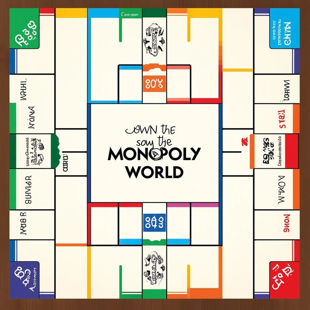 create a custom monopoly style board GAME with: 1 row of EQUAL SIDES 12 blank SQUARE EACH SIDE WITH A BIG SQUARE IN THE MIDDLE. MAKE THE WRITING IN THE MIDDLE SAY OWN THE WORLD ,