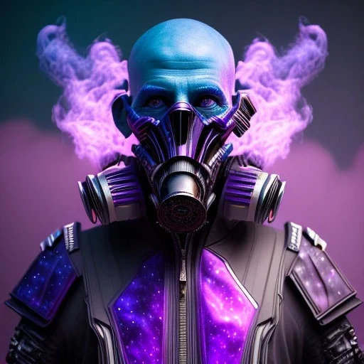 full body apocalyptic purple masked villain in galaxy, teal and purple smoke, detailed, realistic, 4k