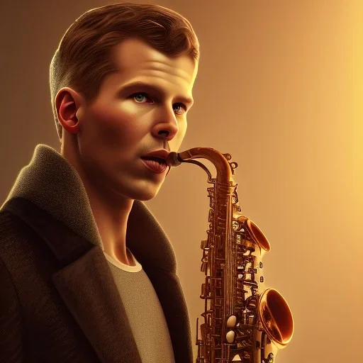 portrait of peter dobson playing saxophone, blade runner, low key lighting, volumetric light, digital art, highly detailed, fine detail, intricate, ornate, complex, octane render, unreal engine, photorealistic