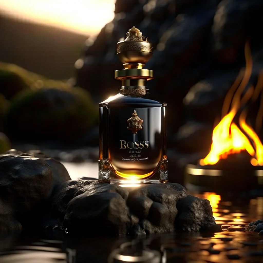 social media ad post for boss brand royal perfume .steam in the background. dramatic on rock cinematic croissant .cinematic,8k high cualitcy