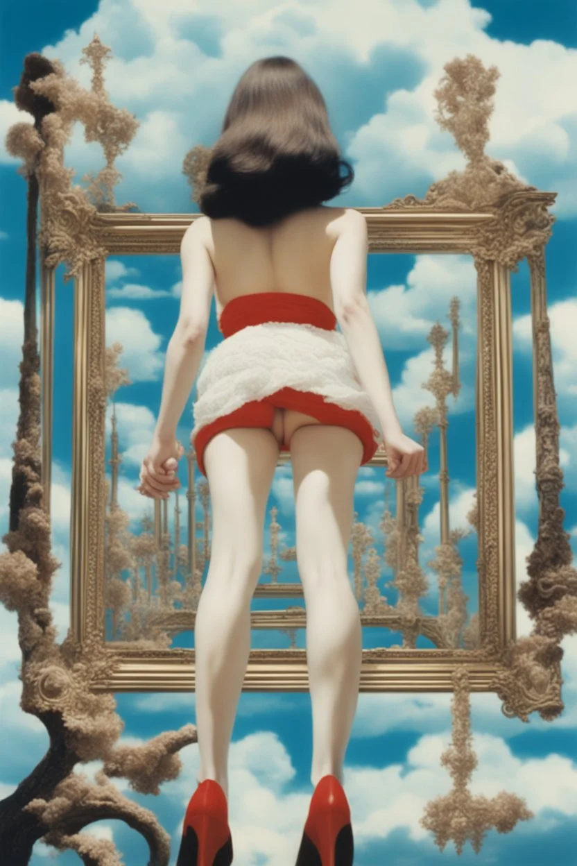 just legs girl legs in frame,cloud in blue sky, a red lip, collage art, shuji terayama, dreamy objects, surreal, criterion collection, showa era, intricate details, mirror