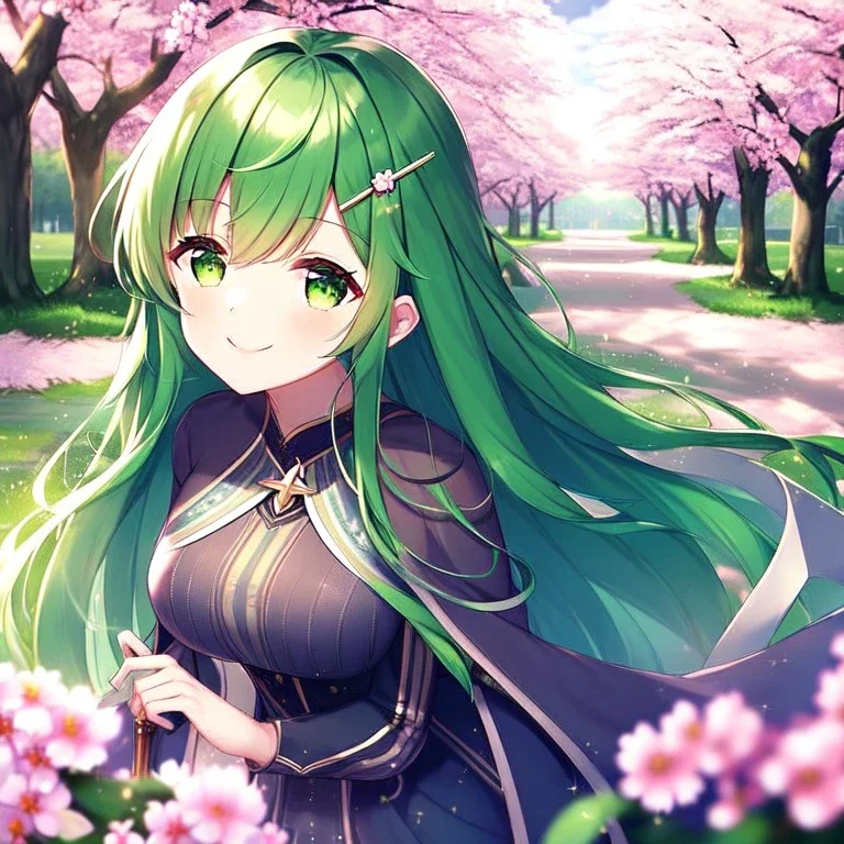 girl, masterpiece, best quality, cinematic lighting, detailed outfit, perfect eyes, long hair, green hair, green eyes, hairclip, outdoors, ray tracing, god rays, in spring, cherry blossom, sparkle, depth of field, smile,