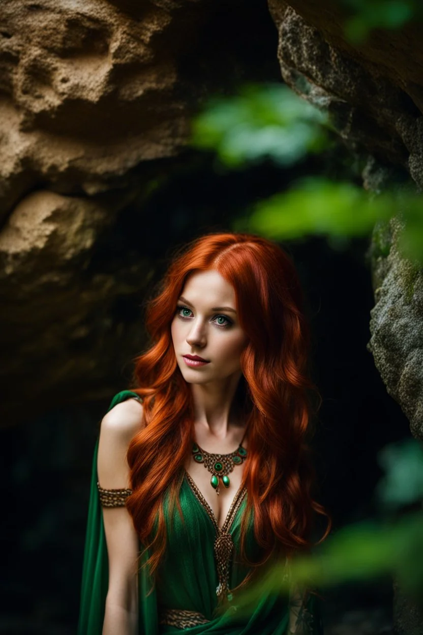 Close UP, delicate, cute, soft, skinny belly red haired Young lady, Green eyes , cave waterfall, medieval