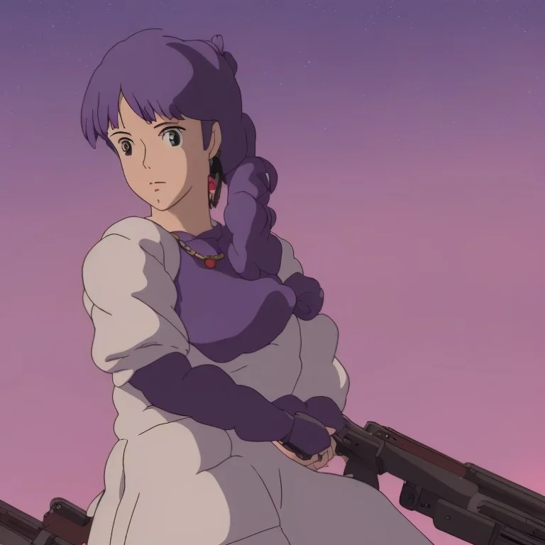 A girl with big naked breasts and beautiful and large military rifle in the galactic Purple space