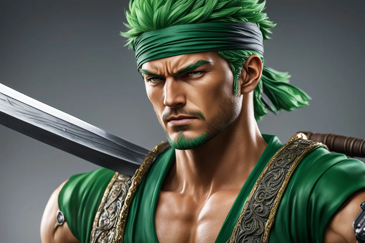 Zoro in 8k live action artstyle, one piece them, Yong them, dynamic pose, intricate details, highly detailed, high details, detailed portrait, masterpiece,ultra detailed, ultra quality