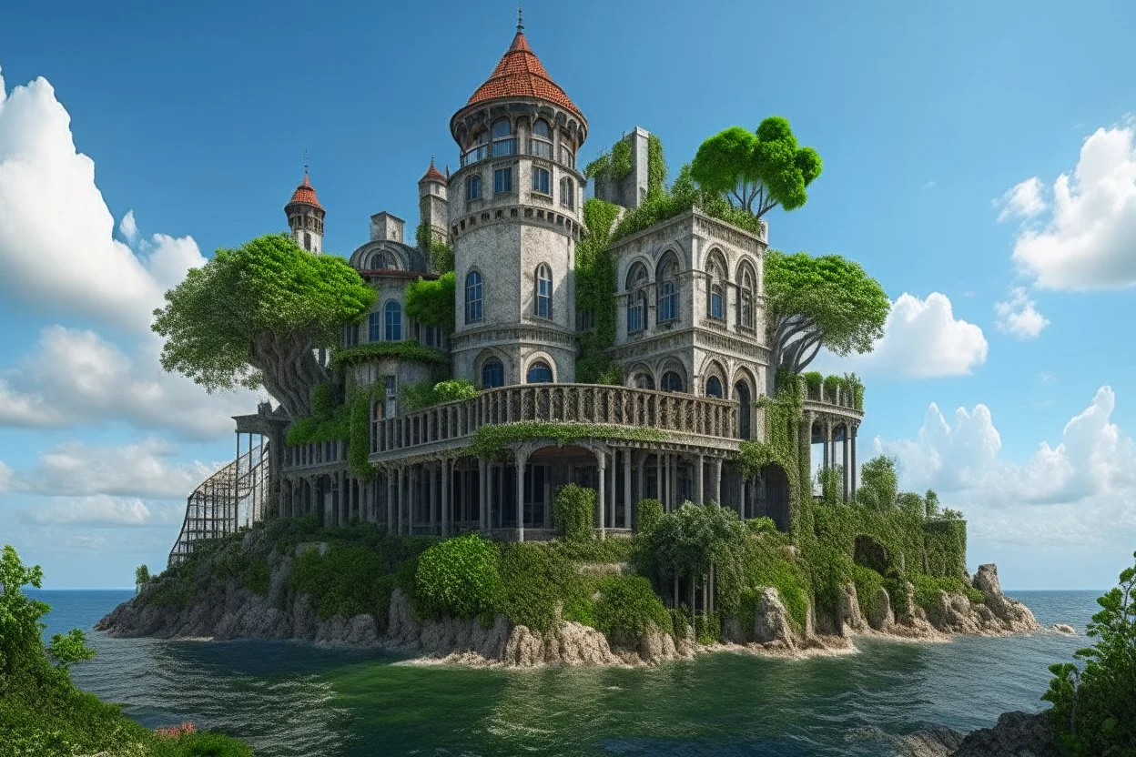 A futuristic ruined gothic building on an island floating over the sea with balconies, verandas, many arches, bridges, spires, paths, trees, dense foliage, spanish moss, ivy, blue sky, white clouds