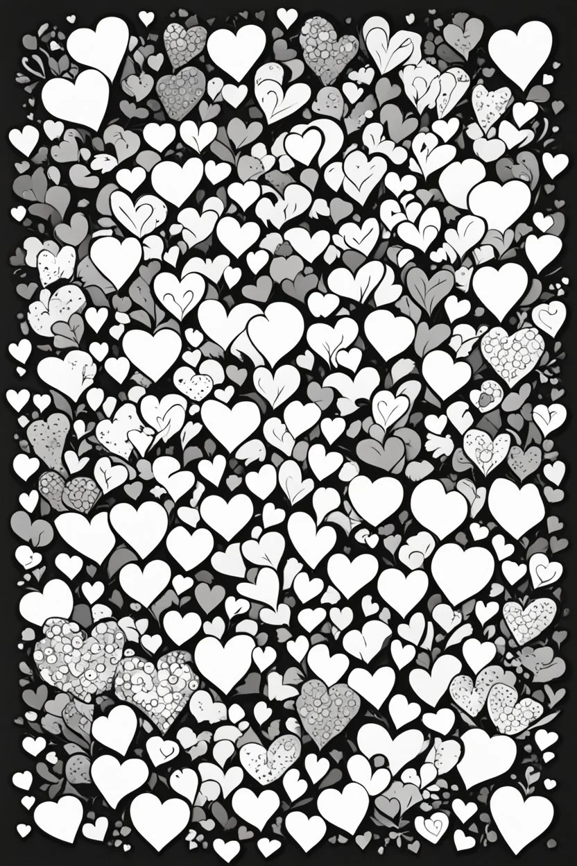 create a coloring page of a bunch of hearts over the page, black and white
