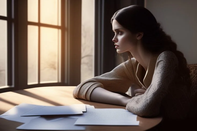 A pretty brown-haired woman sits in front of a table covered with handwritten letters, looking at them perplexedly, in an elegant room in the sunlight.