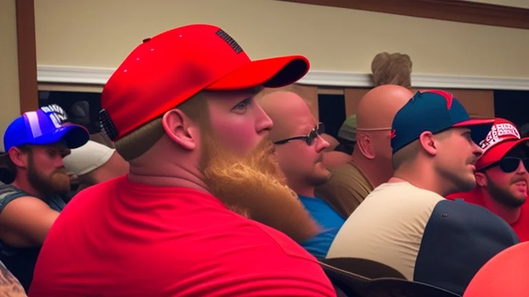 many men wearing red trucker hats enjoy the drag queen story hour