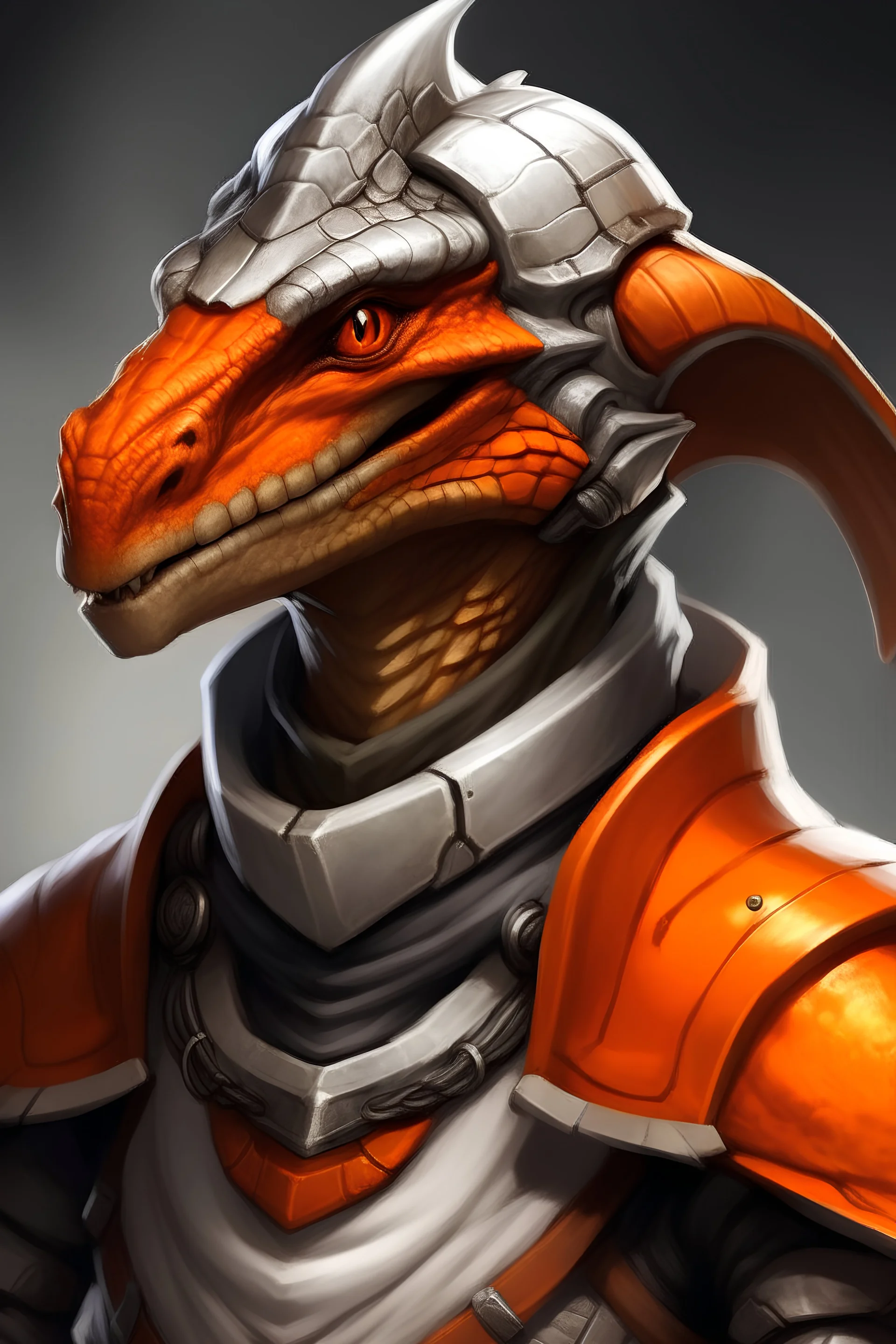 Teenage silver dragonborn with orange visor helmet, wearing rugged clothes