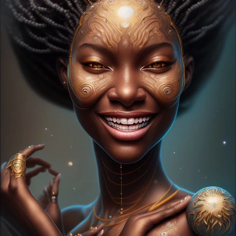 Portrait of black woman, smiling, sango fantasy, fantasy magic, intricate, sharp focus, illustration, lot's of grain on the skin, tribal tatoos,highly detailed, digital painting, concept art, matte, masterpiece, one head, high key lighting, volumetric light high details psychedelic background