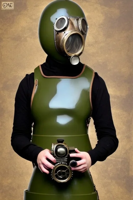 Steam-punk style gas-mask. Large fencing mask covers chin and cheeks. Sunny girls. Reflective surface on face, full coverage, reflective. M. head full of integrated old-fashioned cameras and phone. Army green surfaces body, latex. Perfect body, thick thighs and calves. Asa Akira's body. Wide hip, skirt bleats nicely. Partly symmetrical. Straitjacket. Rusty and decayed background. Steam-plunge air-bottles. Euclidean 3D-tiling walls. 5th dimensional surface structures. Oppressive atmosphe