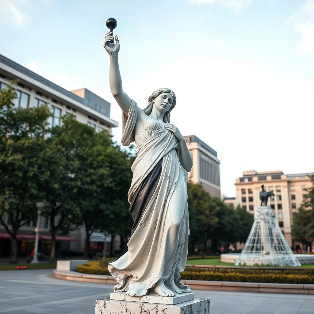 photo of a lady statue made of marbel with black parts showing a goddoss love in a modern city center park