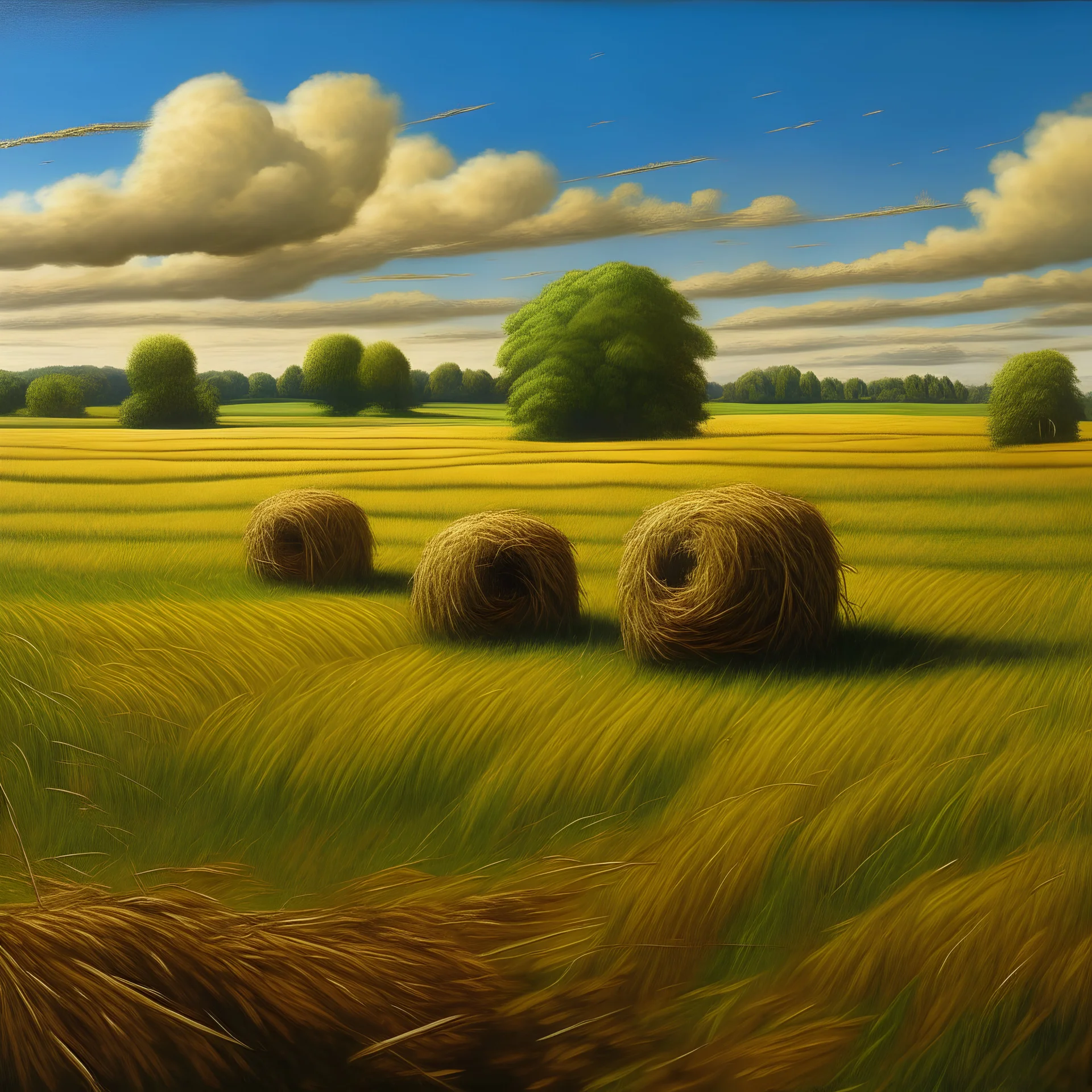 A grassy plain filled with haystacks painted by Frank Wilson