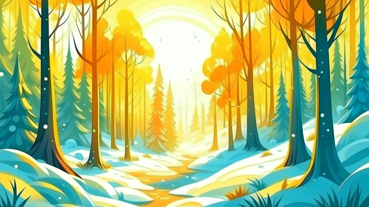 fantasy cartoon style illustration: sunny winter day in the woods