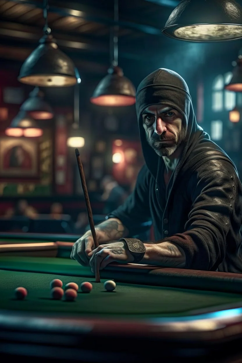 portrait of shady thief ninja playing pool in an d&d style tavern, in the style of fantasy movies, photorealistic, shot on Hasselblad h6d-400c, zeiss prime lens, bokeh like f/0.8, tilt-shift lens 8k, high detail, smooth render, unreal engine 5, cinema 4d, HDR, dust effect, vivid colors