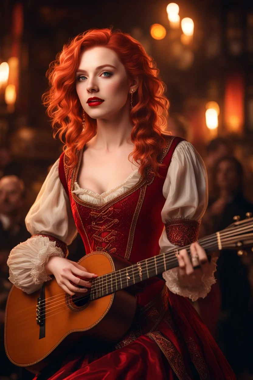 gorgeous female bard, detailed eyes, singing, pale skin, carefree expression, red wavy shoulder length hair, detailed glowing magical pattern aristocrat clothing, glowing ruby implanted on clothes, 8k, high detail, tavern stage background, singing, medieval, looking at viewer, front facing