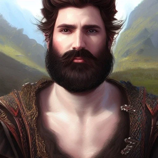 a _ fantasy _ style _ portrait _ painting _ of white male black hair short head stoic braided beard round face mountains rpg dnd oil _ painting _ unreal _ 5 _ daz. _ rpg _ portrait _ extremely _ detailed _ artgerm _ greg _ rutkowski _ greg