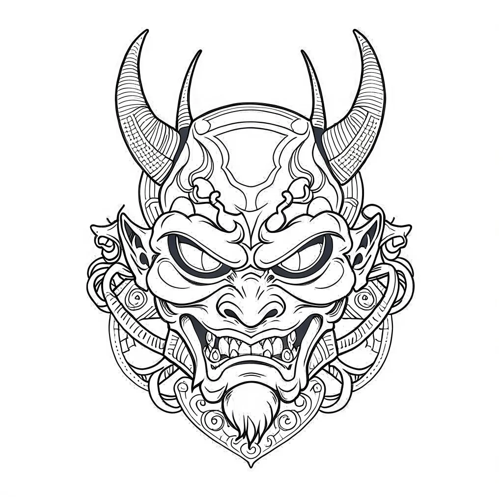 White, minimalis line art , oni mask japanes funny , vector, white background, outline, with images neatly contained within the background, just black and white color, tatto style.