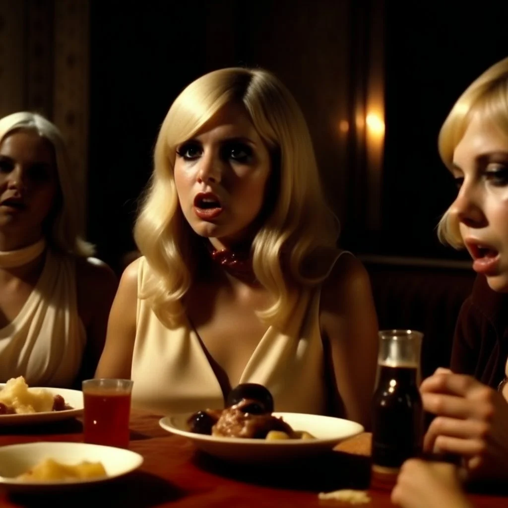 Horror movie shot, hot party, breest, die, ultra realistic, dine, pastel, ultra chaos, realistic hot blonde women, pieces of meat, monster, horn, satanism, pieces of organs, light, 1970's Italian horror movie, sinister, Dario Argento, Stanley Kubrik, ornate, 4k, photorealism