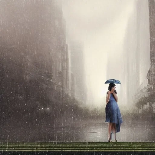 A princess standing. Epic scale. Heavy cold rain. Thunderstorm. An engineer looking up. Futuristic scenary. Gray mist.