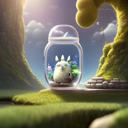 A studio ghibli characters in a jar floating, super high resolution, professional photograph, in focus, beautiful detail, professional digital art, stunning 4k, volumetric light, Award-winning photograph, photography, tokio background