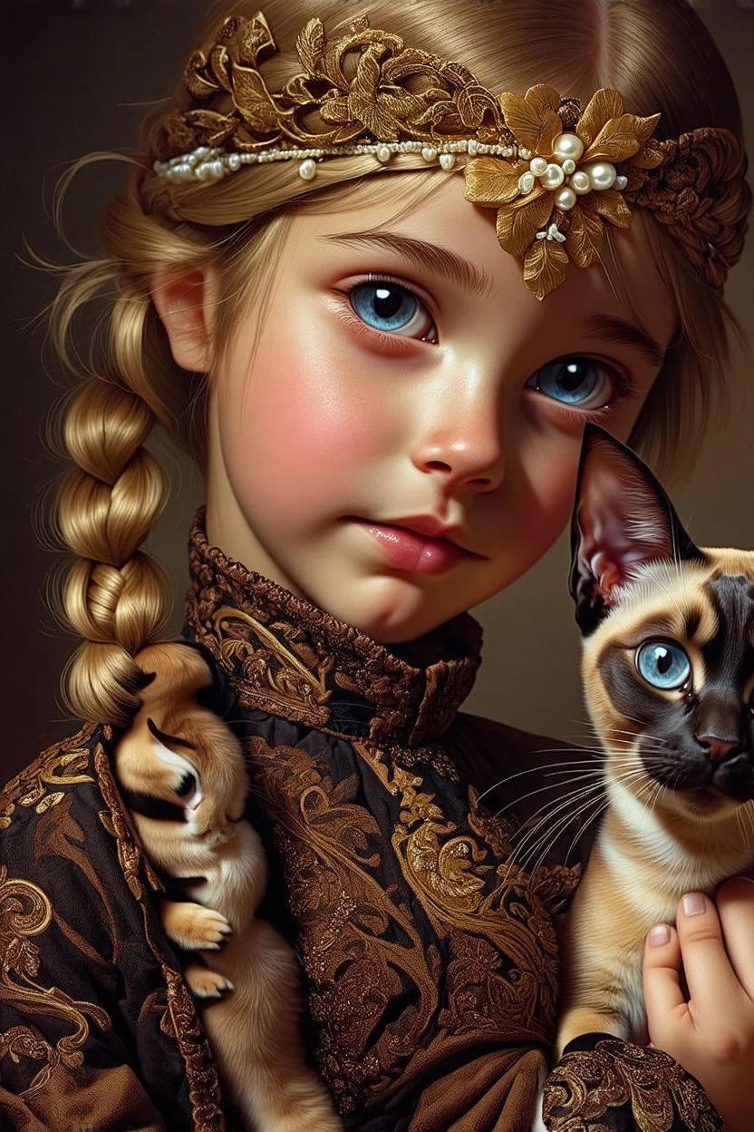 young girl with blonde braided hair and ornate headband, adorned with golden and pearl detailing, closely interacts with a Oriental shorthair Siamese chocolate point cat with vivid blue eyes. The style is hyperrealistic and impressionistic, with a focus on rich color palettes and detailed textures. Golds, browns, and blacks dominate the scene, creating a warm and mystical atmosphere. The girl's dress has intricate, decorative details, almost like a rich embroidered or embellished garment, with r