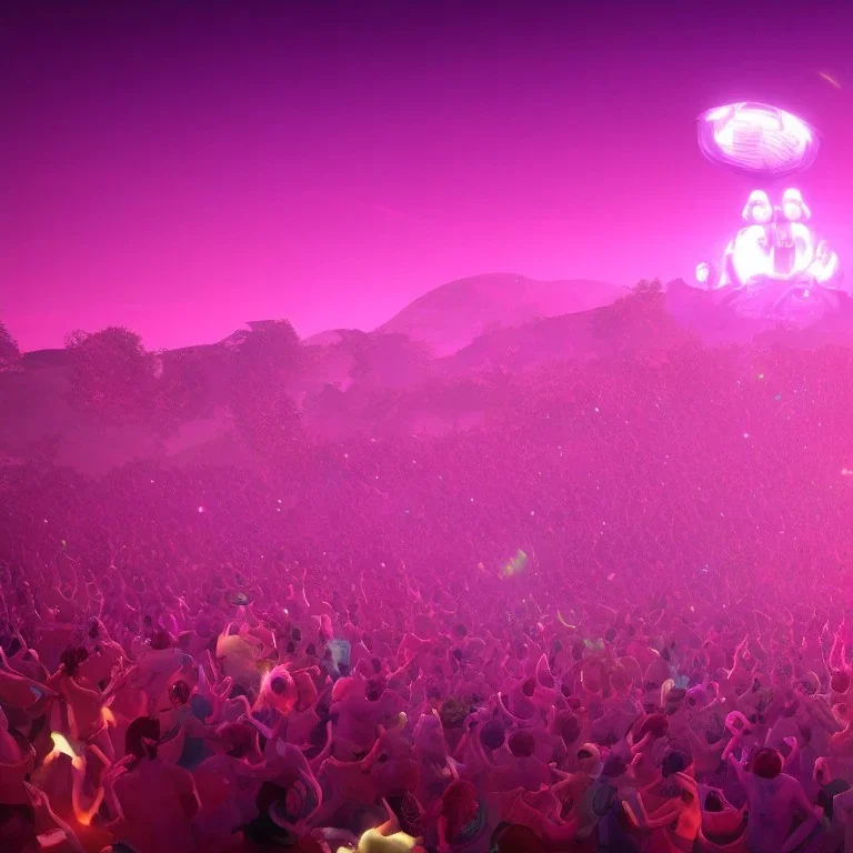 GIANT DANCE PARTY, FESTIVAL IN THE MOUNTAINS, MUSIC FESTIVAL, CROWD, ALIENS, cinematic lighting, 4k, 8k, octane render, digital concept art, ambient lighting, PINK