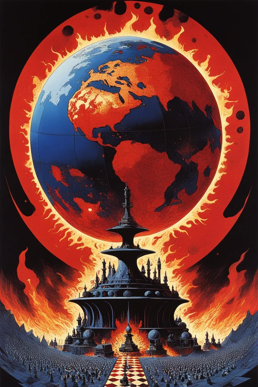 [art by Philippe Druillet] BLOOD, PAIN, AGONY: a large, shattered globe in fire. each fragment of the globe represents a different country, with chess pieces resembling world leaders placed on top of these fragments.