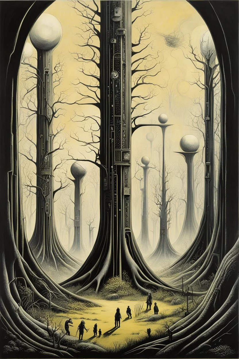 People are planting trees, first contact concept art, by Colin McCahon and Jim Burns and Brian Despain, by H.R. Giger, silkscreened mind-bending illustration; sci-fi poster art, asymmetric, futurism